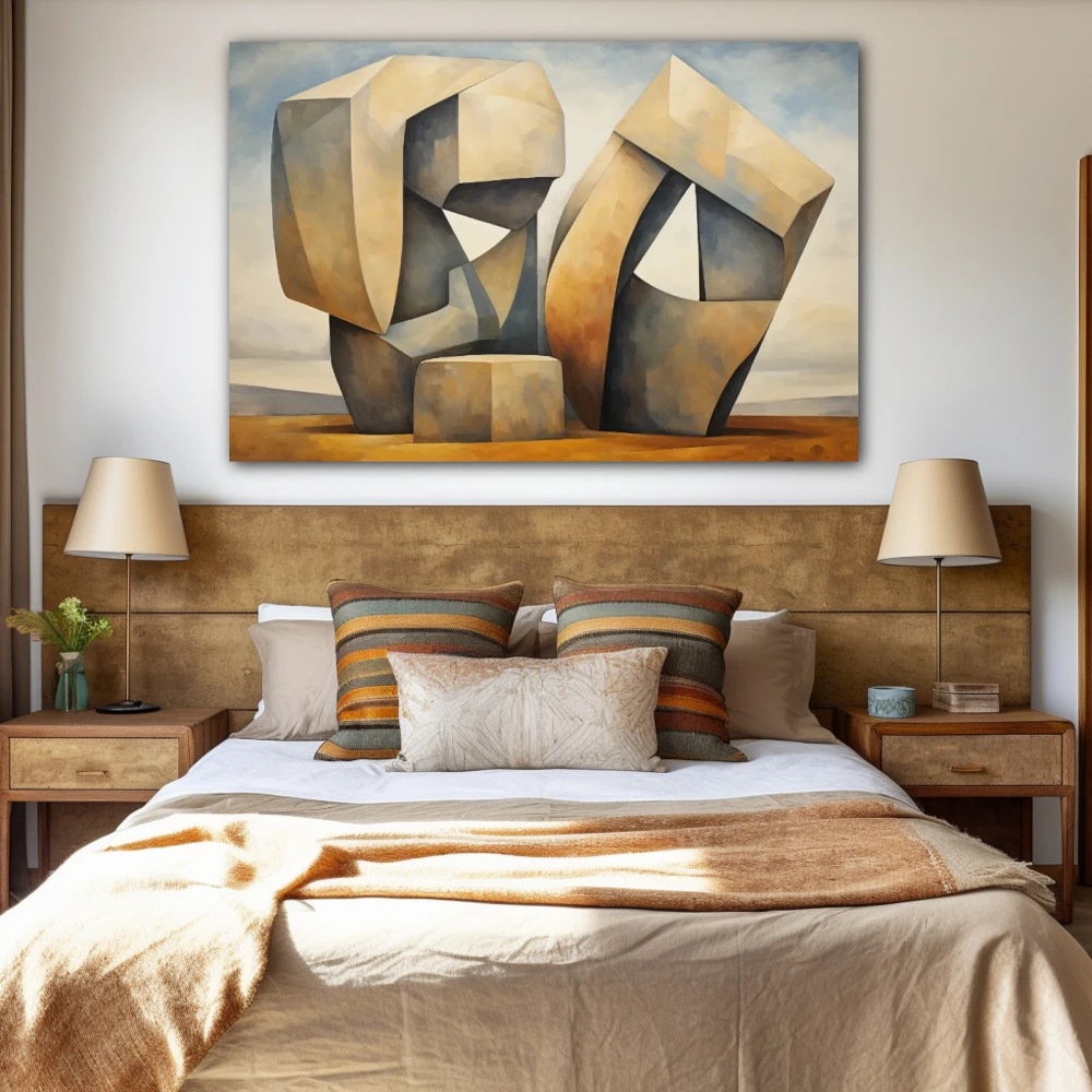 Cuadro abstracción monolítica en formato horizontal con colores gris, marrón; decorando pared de habitación dormitorio