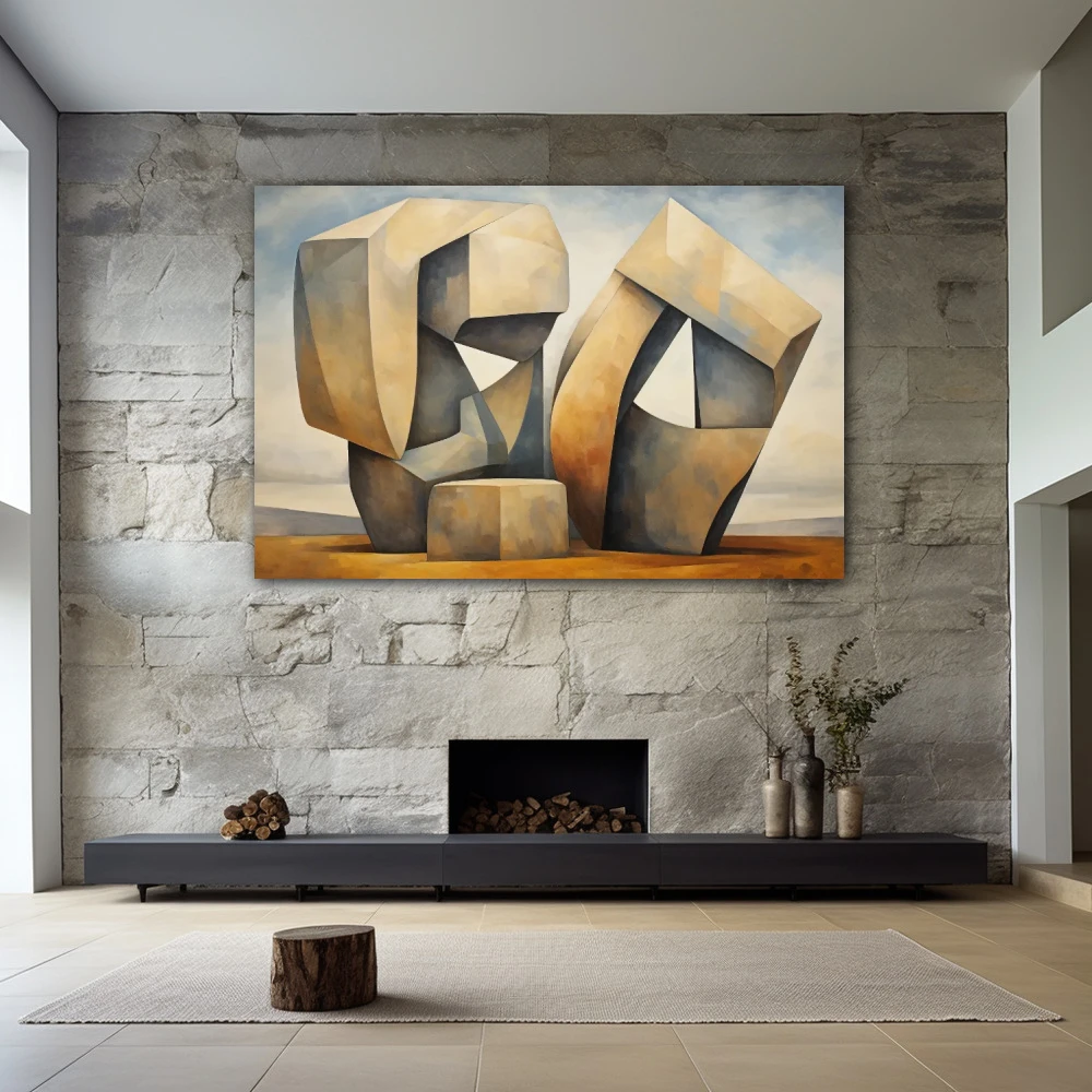 Cuadro abstracción monolítica en formato horizontal con colores gris, marrón; decorando pared piedra