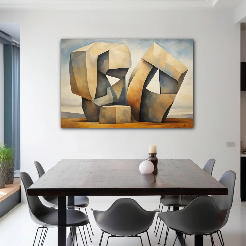Cuadro abstracción monolítica en formato horizontal con colores gris, marrón; decorando pared de salón comedor