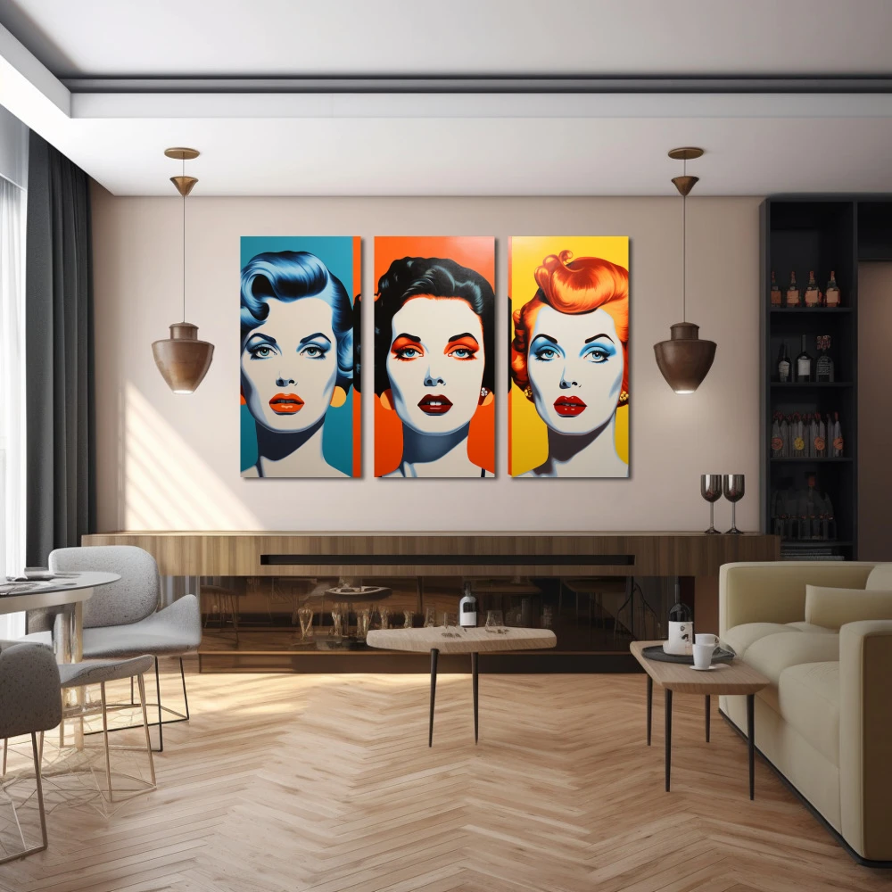 Cuadro trio vintage en formato tríptico con colores azul, mostaza, naranja, vivos; decorando pared de bar