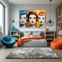 Cuadro Trio Vintage en formato horizontal con colores Azul, Mostaza, Naranja, Vivos; Decorando pared de Dormitorio Juvenil
