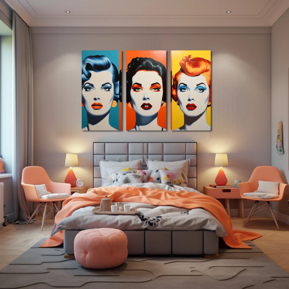 Cuadro trio vintage en formato tríptico con colores azul, mostaza, naranja, vivos; decorando pared de dormitorio juvenil