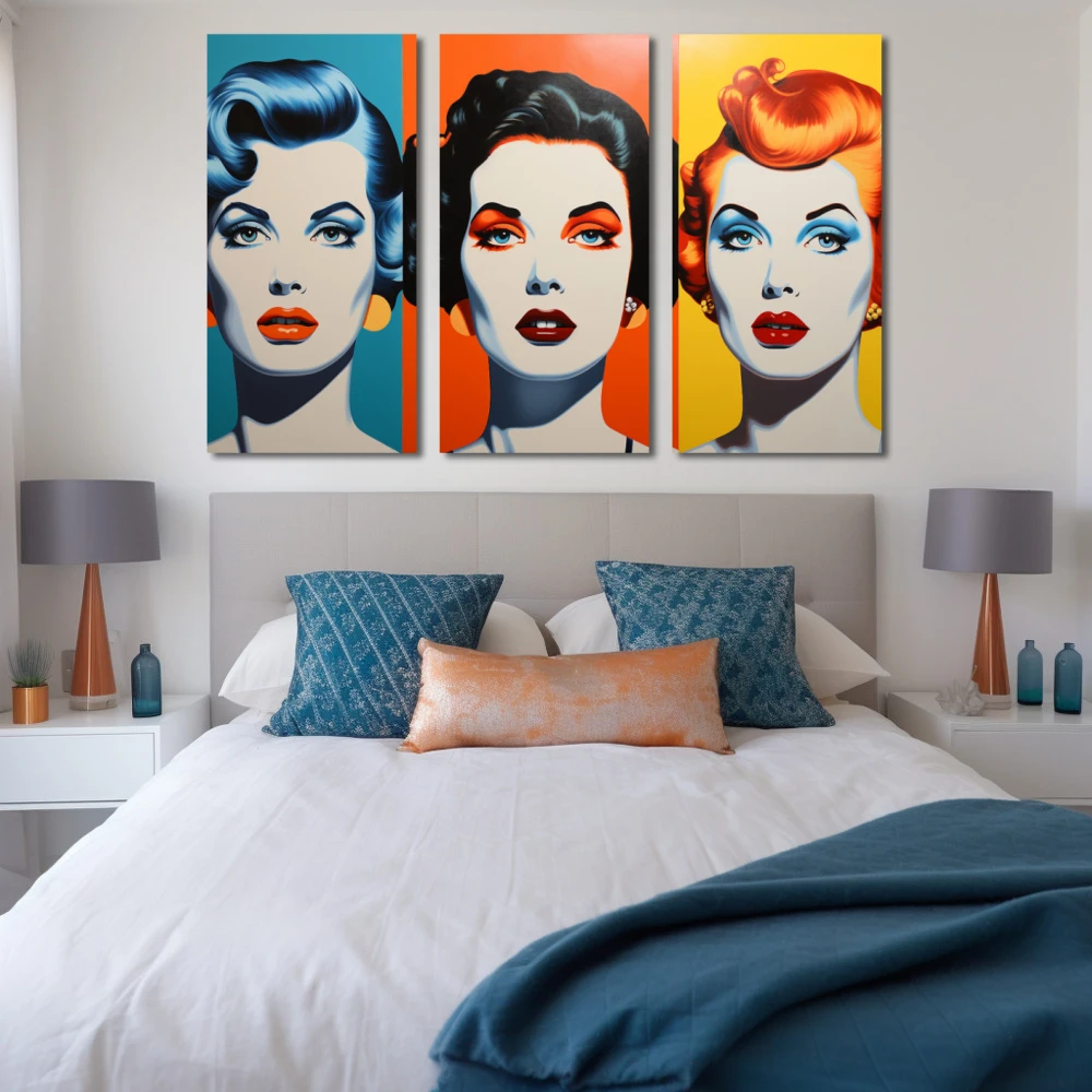 Cuadro trio vintage en formato tríptico con colores azul, mostaza, naranja, vivos; decorando pared de habitación dormitorio