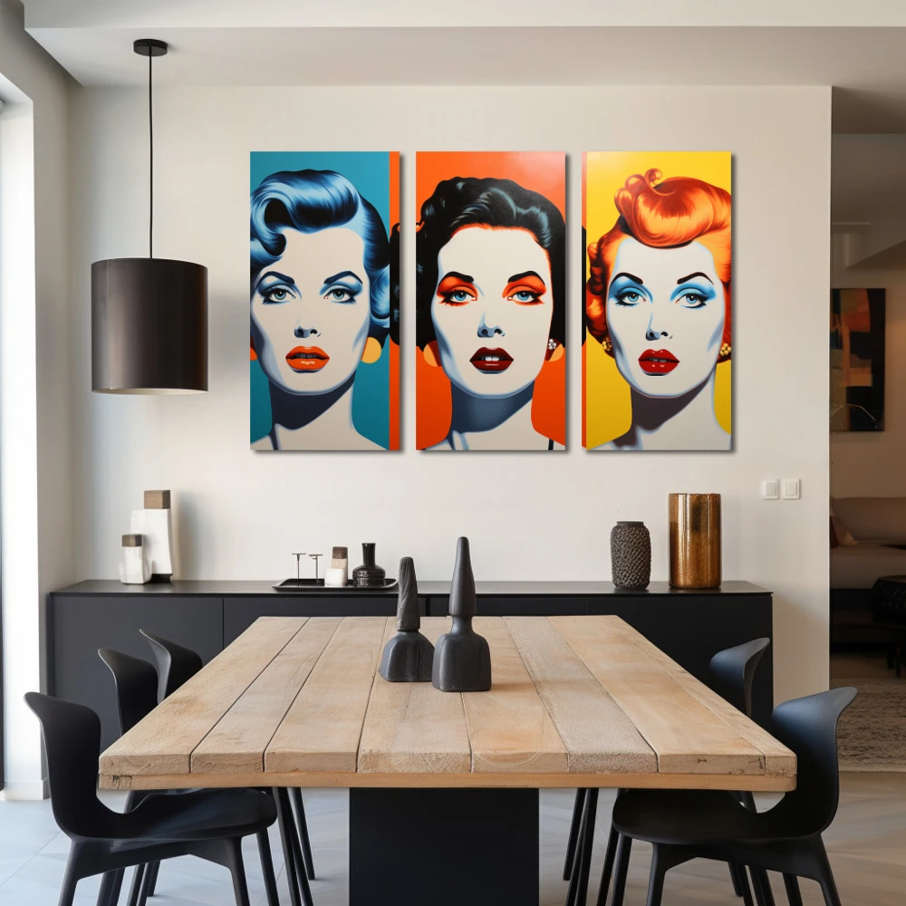 Cuadro trio vintage en formato tríptico con colores azul, mostaza, naranja, vivos; decorando pared de salón comedor