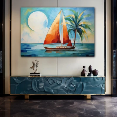Wall Art titled: Orange Sail, Blue Sea in a Horizontal format with: Blue, Sky blue, and Orange Colors; Decoration the Sideboard wall