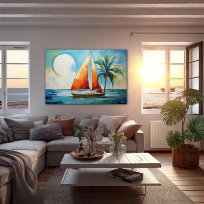 Wall Art titled: Orange Sail, Blue Sea in a  format with: Blue, Sky blue, and Orange Colors; Decoration the Apartamento en la playa wall
