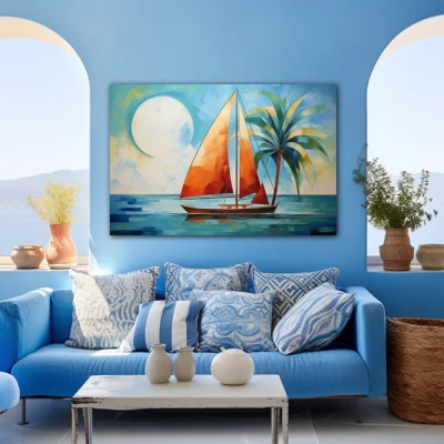 Wall Art titled: Orange Sail, Blue Sea in a Horizontal format with: Blue, Sky blue, and Orange Colors; Decoration the Blue Wall wall