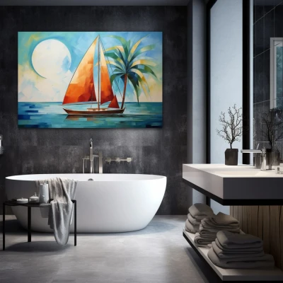 Wall Art titled: Orange Sail, Blue Sea in a  format with: Blue, Sky blue, and Orange Colors; Decoration the Bathroom wall