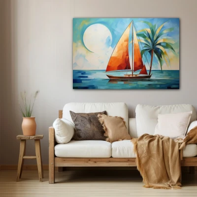 Wall Art titled: Orange Sail, Blue Sea in a Horizontal format with: Blue, Sky blue, and Orange Colors; Decoration the Beige Wall wall