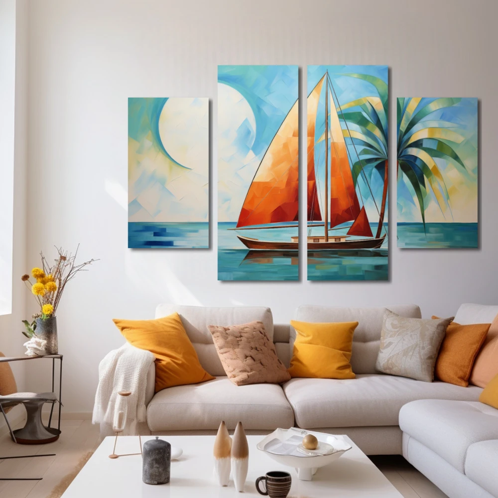 Wall Art titled: Orange Sail, Blue Sea in a Horizontal format with: Blue, Sky blue, and Orange Colors; Decoration the White Wall wall