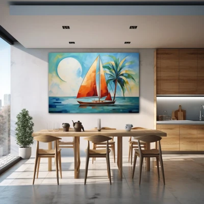 Wall Art titled: Orange Sail, Blue Sea in a  format with: Blue, Sky blue, and Orange Colors; Decoration the Kitchen wall