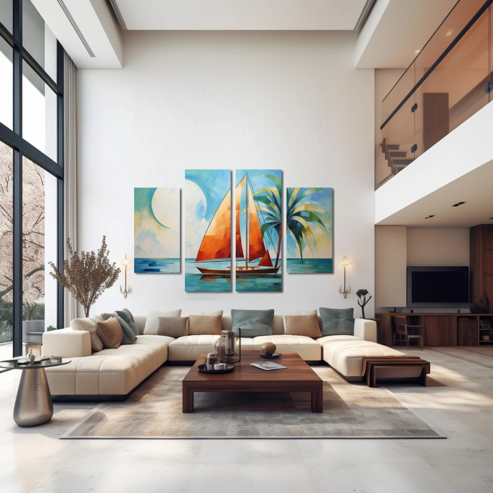 Wall Art titled: Orange Sail, Blue Sea in a Horizontal format with: Blue, Sky blue, and Orange Colors; Decoration the Above Couch wall