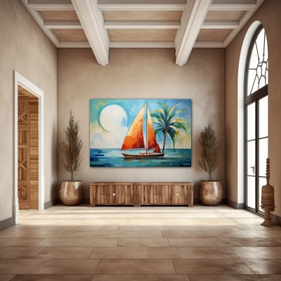 Wall Art titled: Orange Sail, Blue Sea in a Horizontal format with: Blue, Sky blue, and Orange Colors; Decoration the Entryway wall