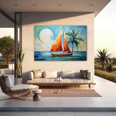 Wall Art titled: Orange Sail, Blue Sea in a Horizontal format with: Blue, Sky blue, and Orange Colors; Decoration the Outdoor wall