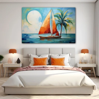 Wall Art titled: Orange Sail, Blue Sea in a  format with: Blue, Sky blue, and Orange Colors; Decoration the Bedroom wall