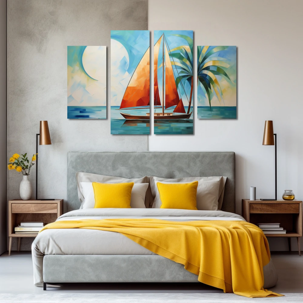 Cuadro vela naranja, mar azul en formato políptico con colores azul, celeste, naranja; decorando pared de habitación dormitorio