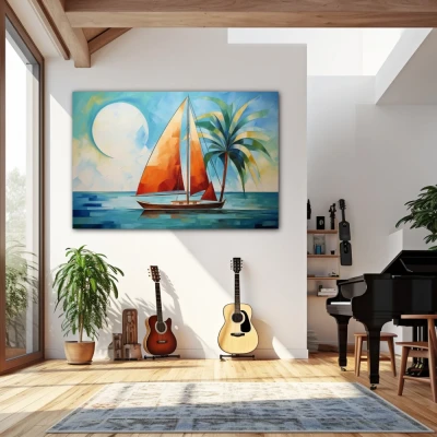 Wall Art titled: Orange Sail, Blue Sea in a  format with: Blue, Sky blue, and Orange Colors; Decoration the Living Room wall