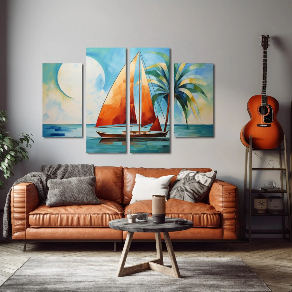 Wall Art titled: Orange Sail, Blue Sea in a Horizontal format with: Blue, Sky blue, and Orange Colors; Decoration the Living Room wall