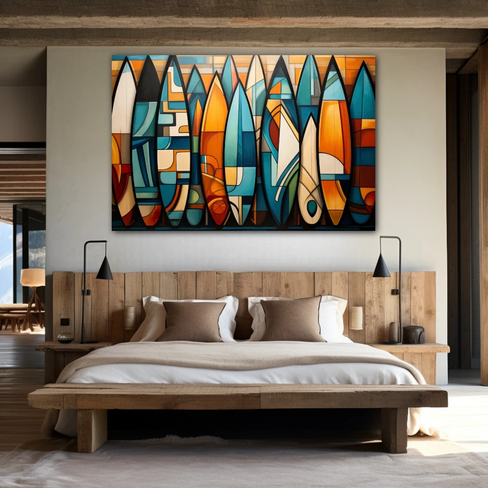 Cuadro esperando las olas en formato horizontal con colores azul, naranja, vivos; decorando pared de habitación dormitorio