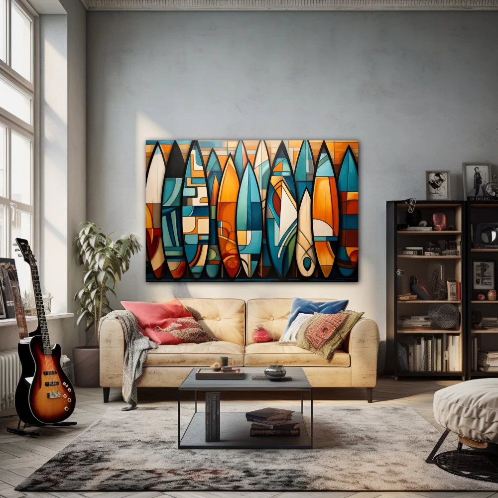 Cuadro esperando las olas en formato horizontal con colores azul, naranja, vivos; decorando pared de salón comedor