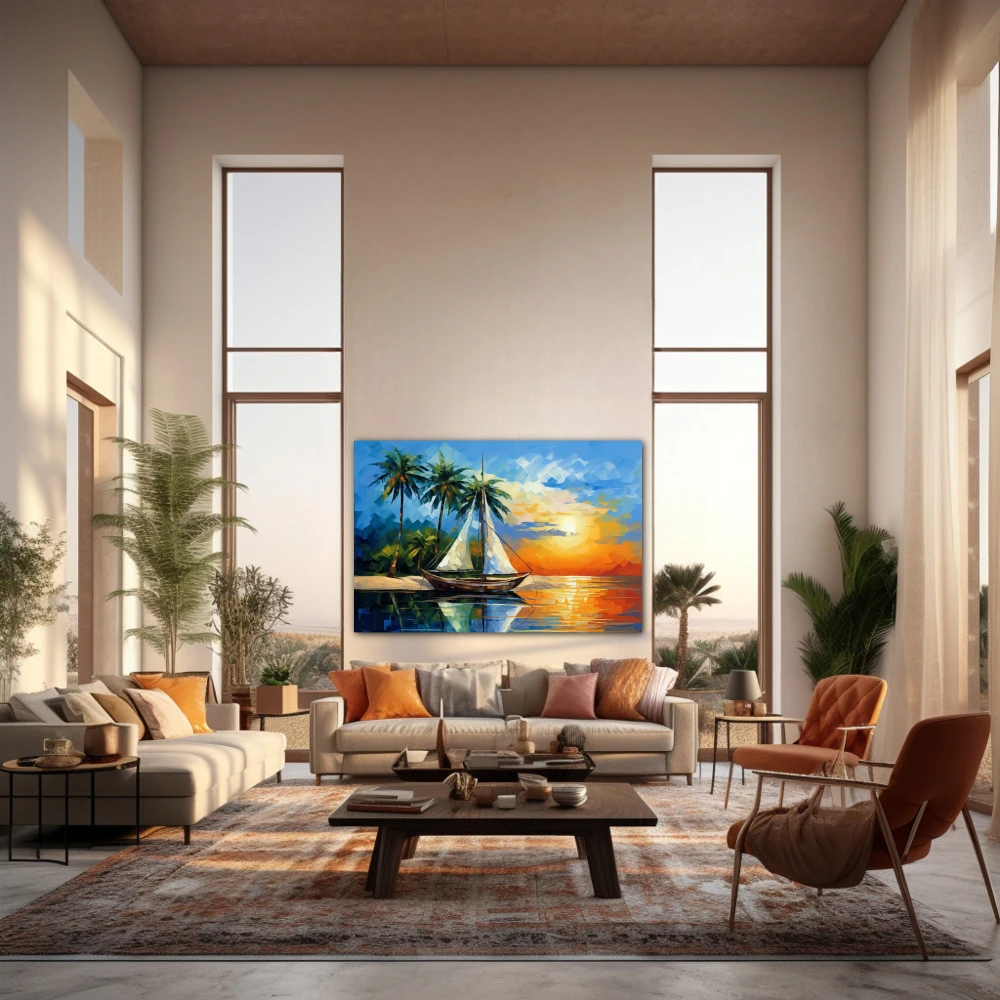 Cuadro horizonte de serenidad en formato horizontal con colores amarillo, azul, naranja; decorando pared de salón comedor