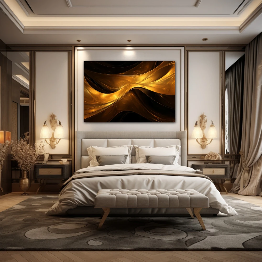 Cuadro aurora dorada en formato horizontal con colores dorado; decorando pared de habitación dormitorio