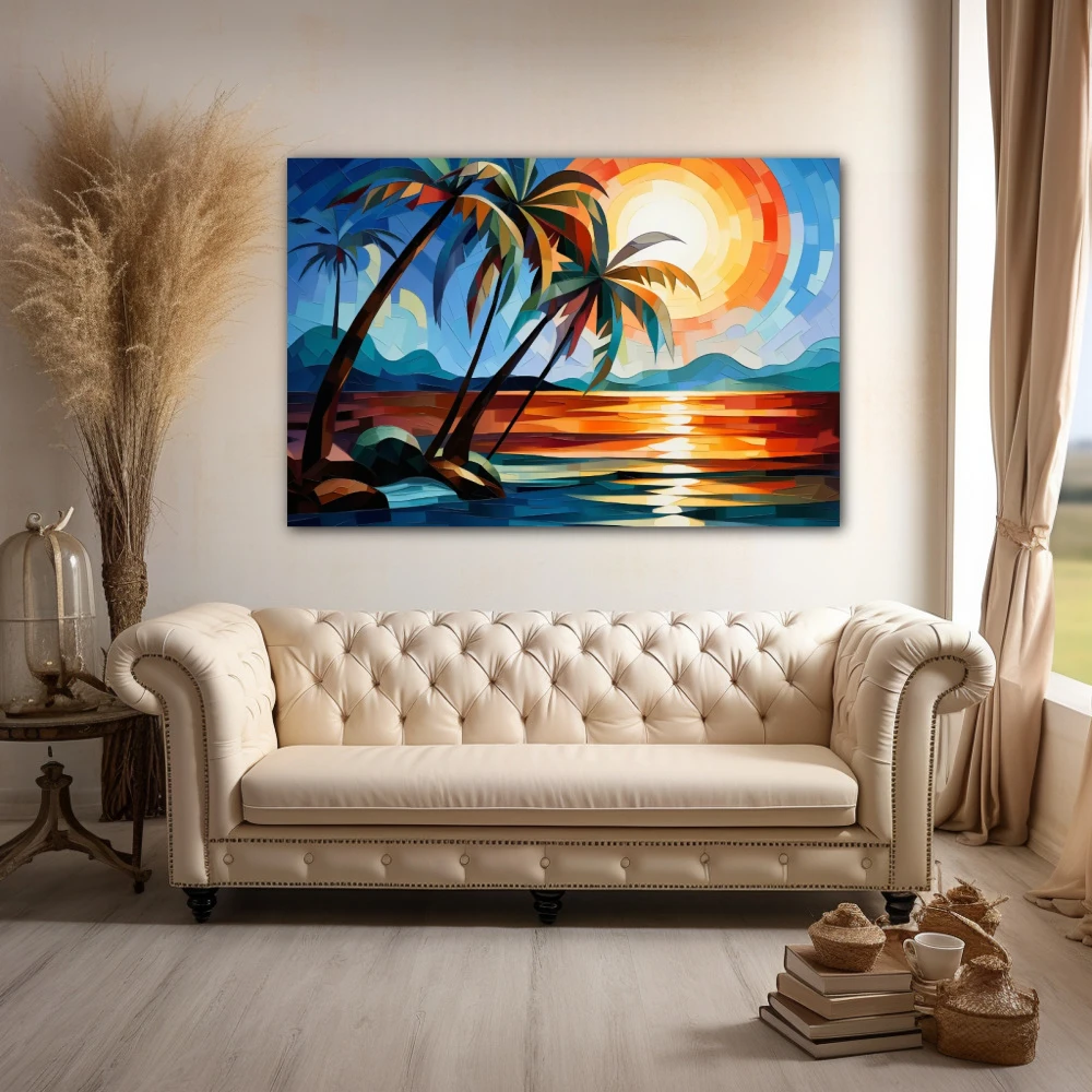 Wall Art titled: Chromatic Oasis in a Horizontal format with: Blue, Brown, and Orange Colors; Decoration the Above Couch wall