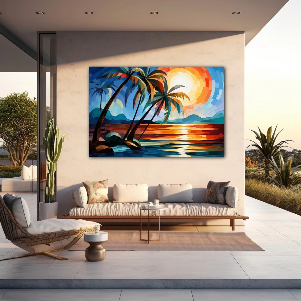 Wall Art titled: Chromatic Oasis in a Horizontal format with: Blue, Brown, and Orange Colors; Decoration the Outdoor wall