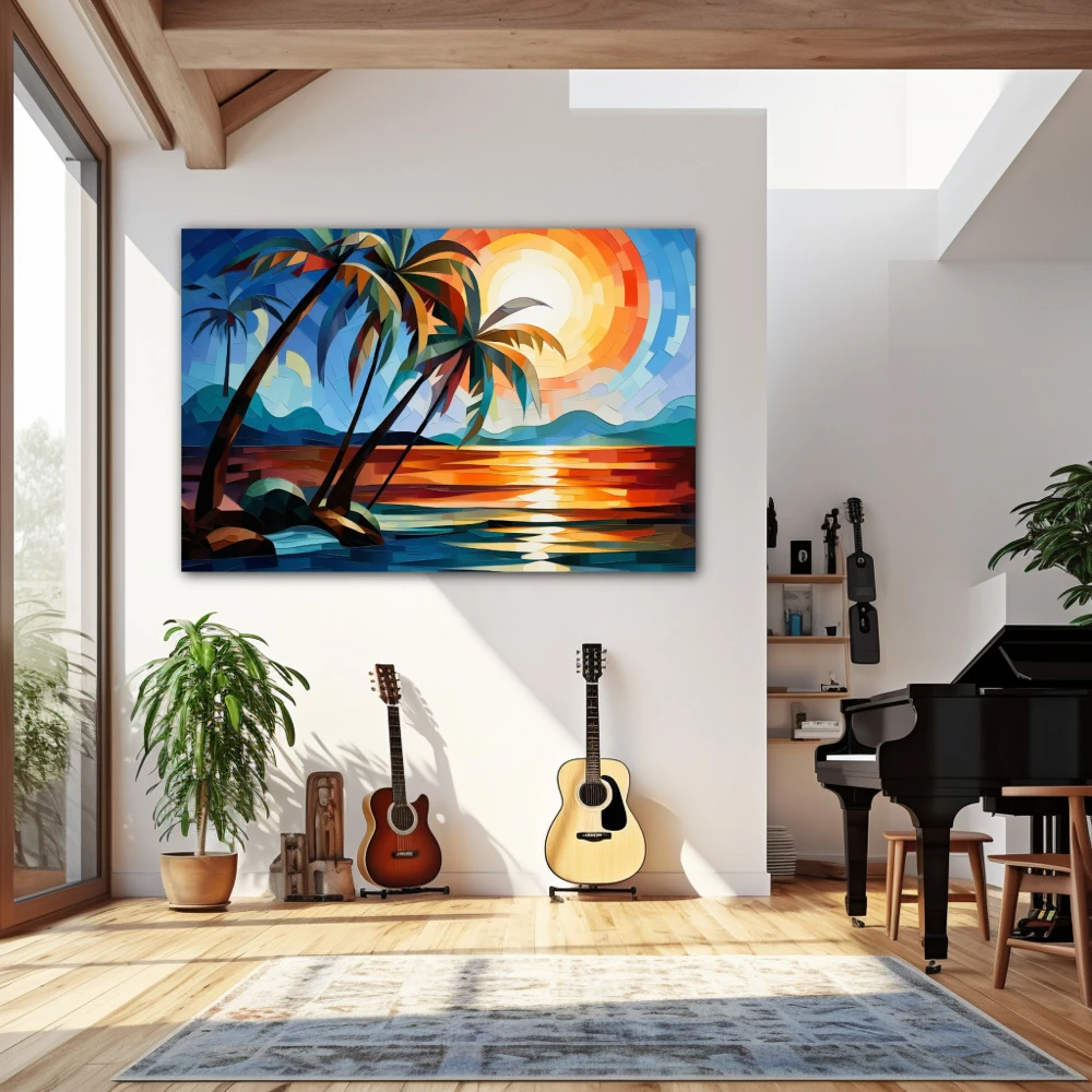 Wall Art titled: Chromatic Oasis in a Horizontal format with: Blue, Brown, and Orange Colors; Decoration the Living Room wall