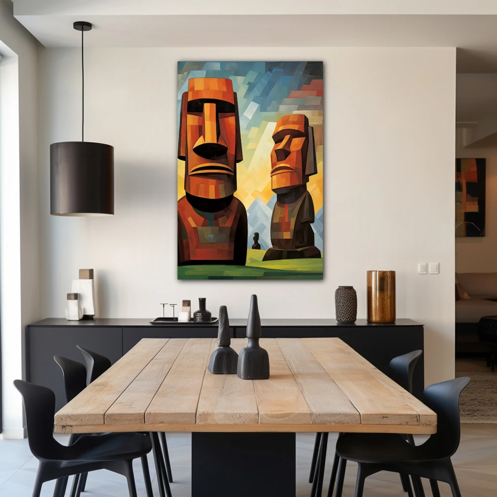 Wall Art titled: Ancestral Guardians in a Vertical format with: Blue, Brown, and Green Colors; Decoration the Living Room wall
