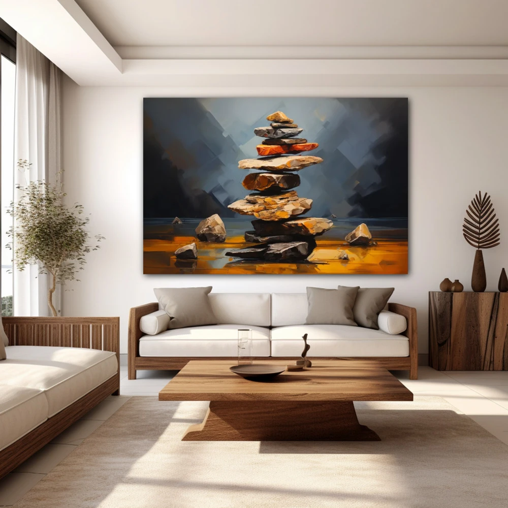 Cuadro equilibrio emocional en formato horizontal con colores gris, marrón, naranja; decorando pared blanca
