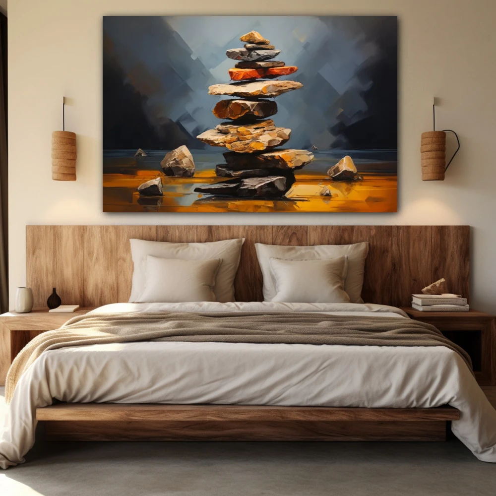 Cuadro equilibrio emocional en formato horizontal con colores gris, marrón, naranja; decorando pared de habitación dormitorio