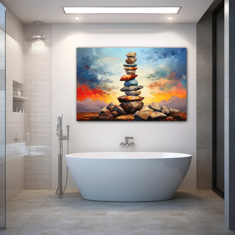 Cuadro horizonte en equilibrio en formato horizontal con colores azul, marrón, naranja; decorando pared de baño
