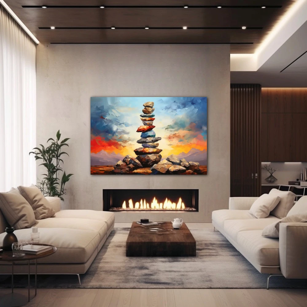 Wall Art titled: Horizon in Balance in a Horizontal format with: Blue, Brown, and Orange Colors; Decoration the Fireplace wall