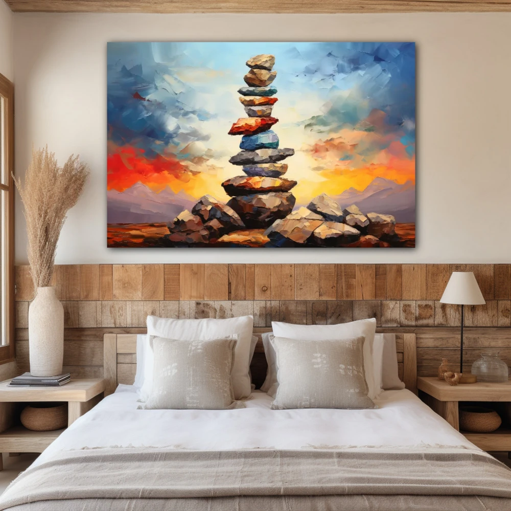 Cuadro horizonte en equilibrio en formato horizontal con colores azul, marrón, naranja; decorando pared de habitación dormitorio