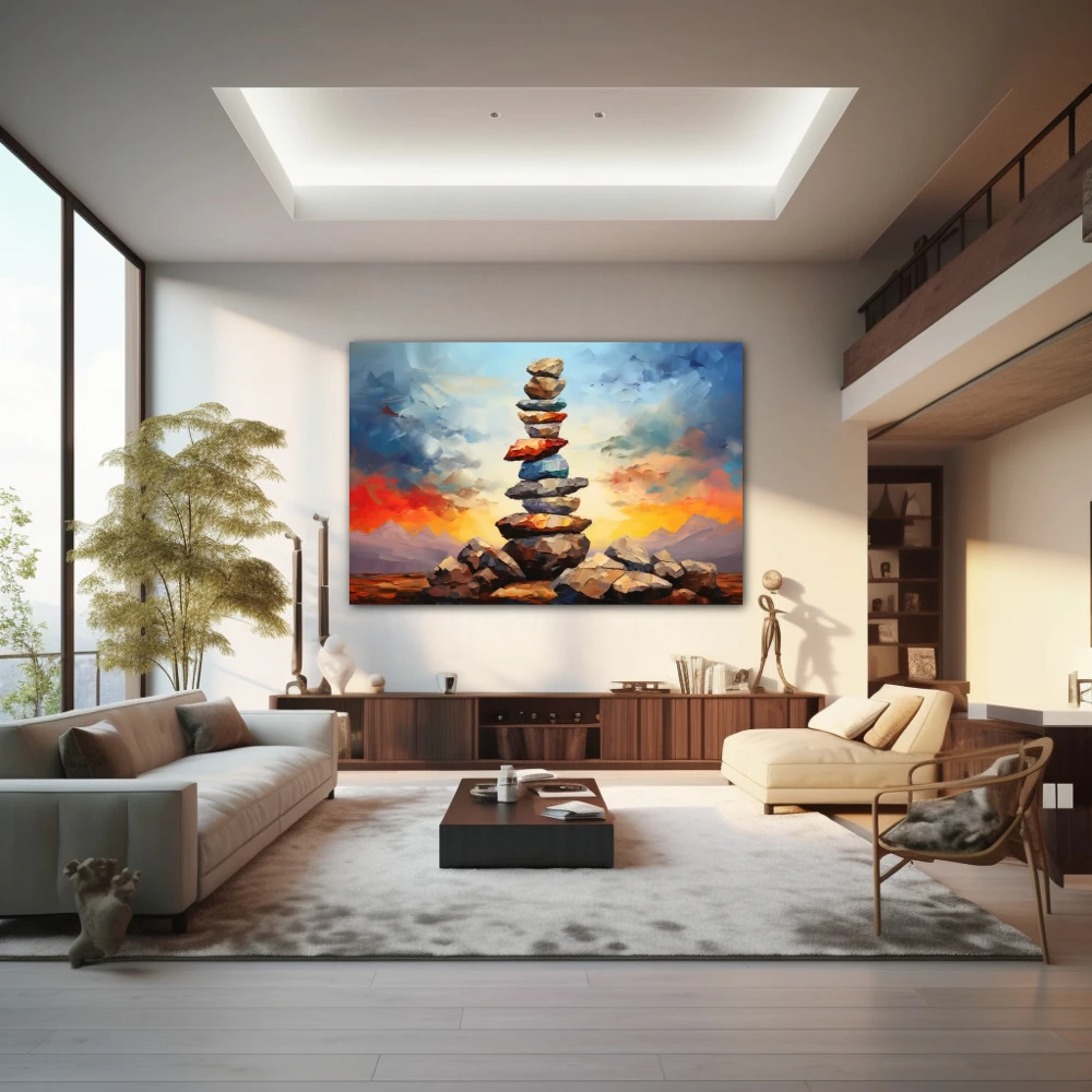 Cuadro horizonte en equilibrio en formato horizontal con colores azul, marrón, naranja; decorando pared de salón comedor