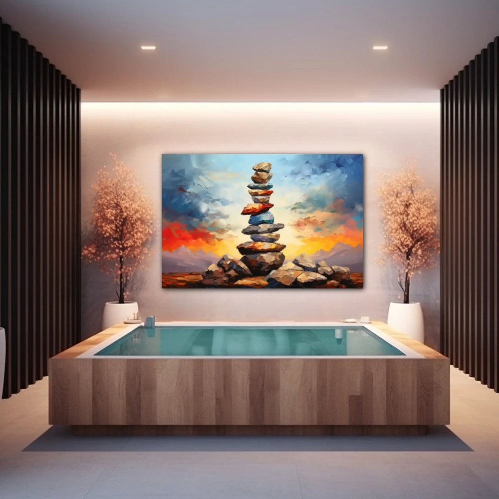 Cuadro horizonte en equilibrio en formato horizontal con colores azul, marrón, naranja; decorando pared de spa