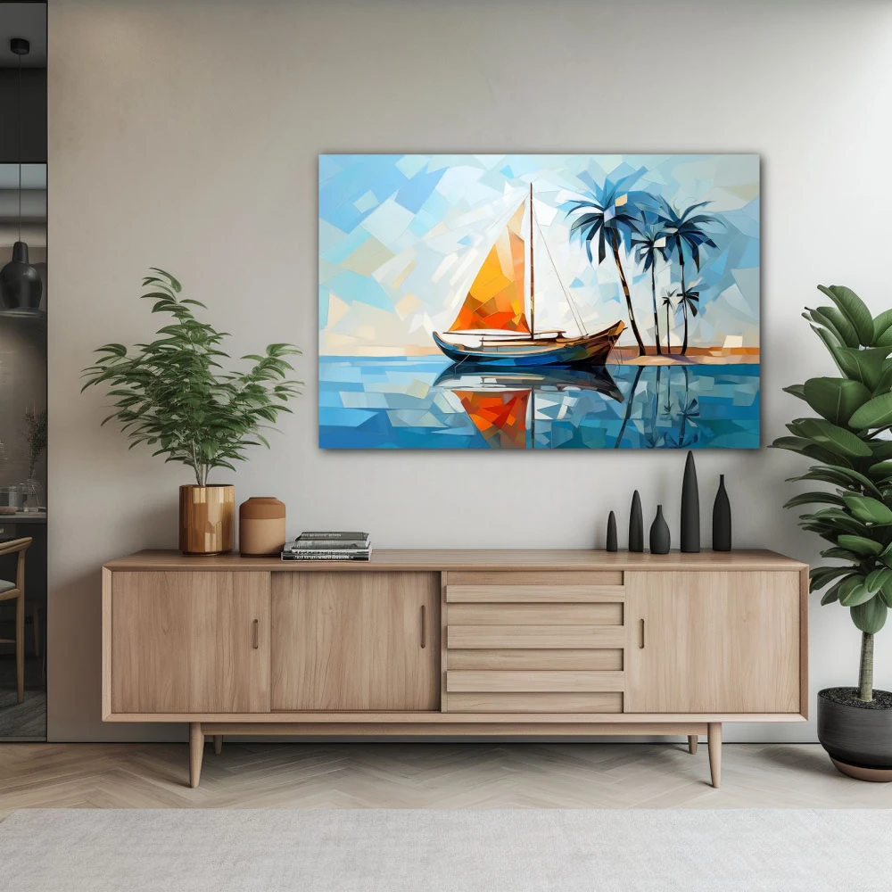 Wall Art titled: Stained Glass Sails in a Horizontal format with: Blue, Sky blue, and Orange Colors; Decoration the Sideboard wall