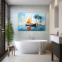 Wall Art titled: Stained Glass Sails in a Horizontal format with: Blue, Sky blue, and Orange Colors; Decoration the Bathroom wall