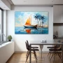 Wall Art titled: Stained Glass Sails in a Horizontal format with: Blue, Sky blue, and Orange Colors; Decoration the Kitchen wall