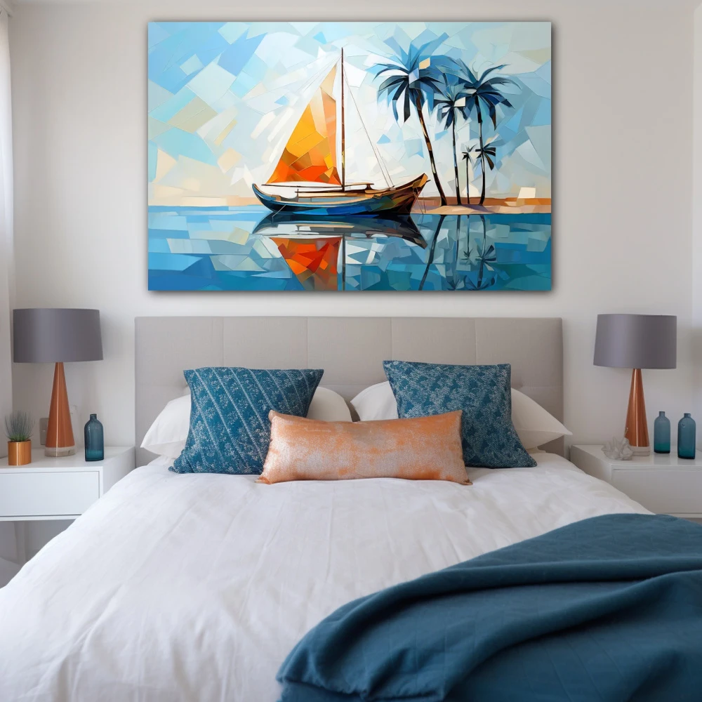 Wall Art titled: Stained Glass Sails in a Horizontal format with: Blue, Sky blue, and Orange Colors; Decoration the Bedroom wall