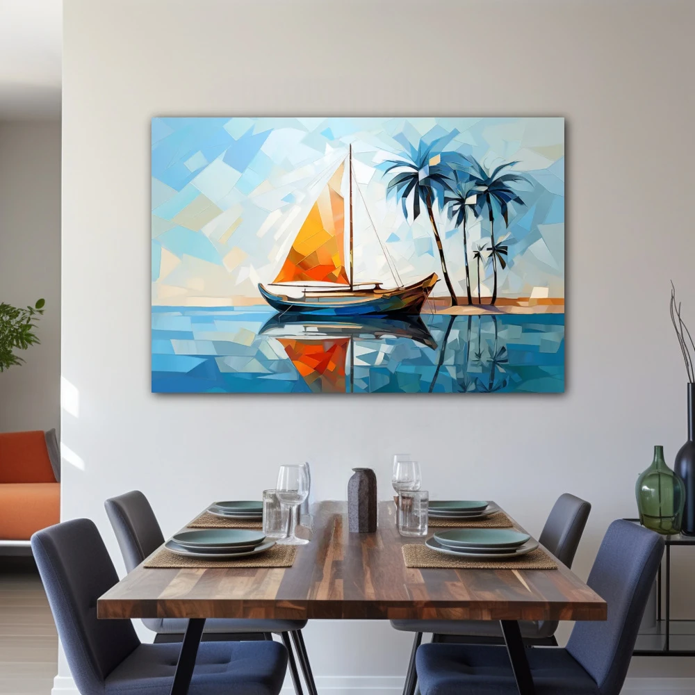 Wall Art titled: Stained Glass Sails in a Horizontal format with: Blue, Sky blue, and Orange Colors; Decoration the Living Room wall