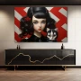 Wall Art titled: The Lady and the Feline in a Horizontal format with: Grey, Black, and Red Colors; Decoration the Sideboard wall