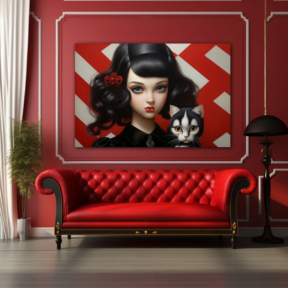 Wall Art titled: The Lady and the Feline in a Horizontal format with: Grey, Black, and Red Colors; Decoration the Above Couch wall