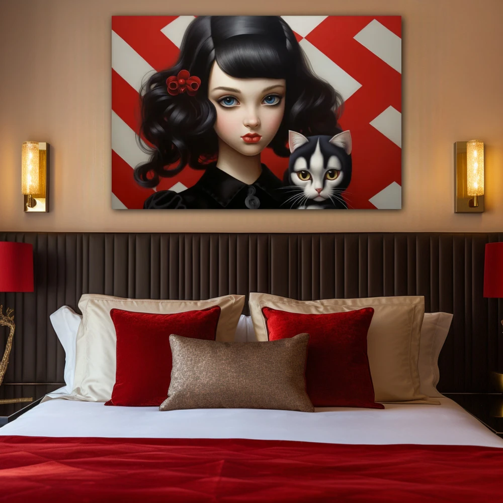 Cuadro la dama y el felino en formato horizontal con colores gris, negro, rojo; decorando pared de habitación dormitorio