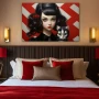 Wall Art titled: The Lady and the Feline in a Horizontal format with: Grey, Black, and Red Colors; Decoration the Bedroom wall