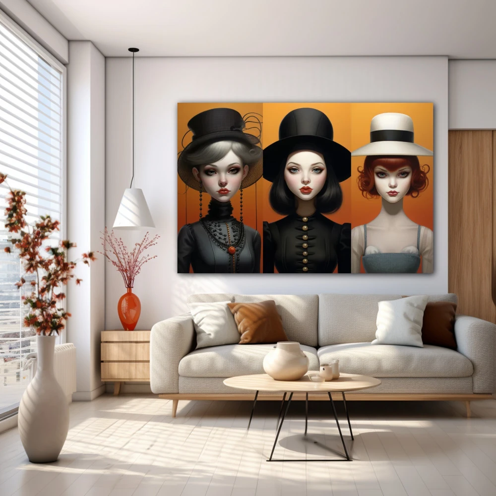 Wall Art titled: Identity Hats in a Horizontal format with: Grey, and Black Colors; Decoration the White Wall wall