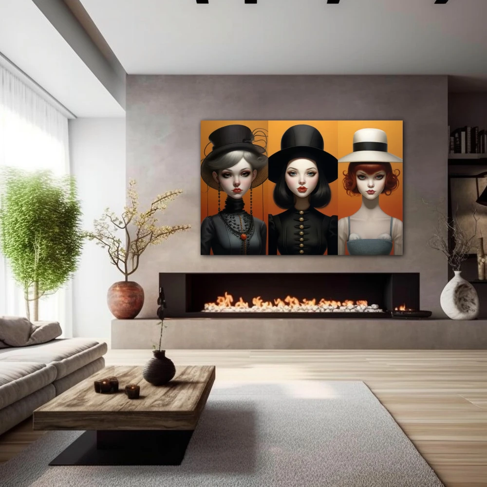 Wall Art titled: Identity Hats in a Horizontal format with: Grey, and Black Colors; Decoration the Fireplace wall