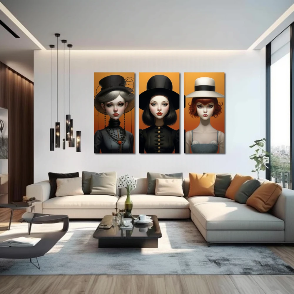Wall Art titled: Identity Hats in a Horizontal format with: Grey, and Black Colors; Decoration the Above Couch wall