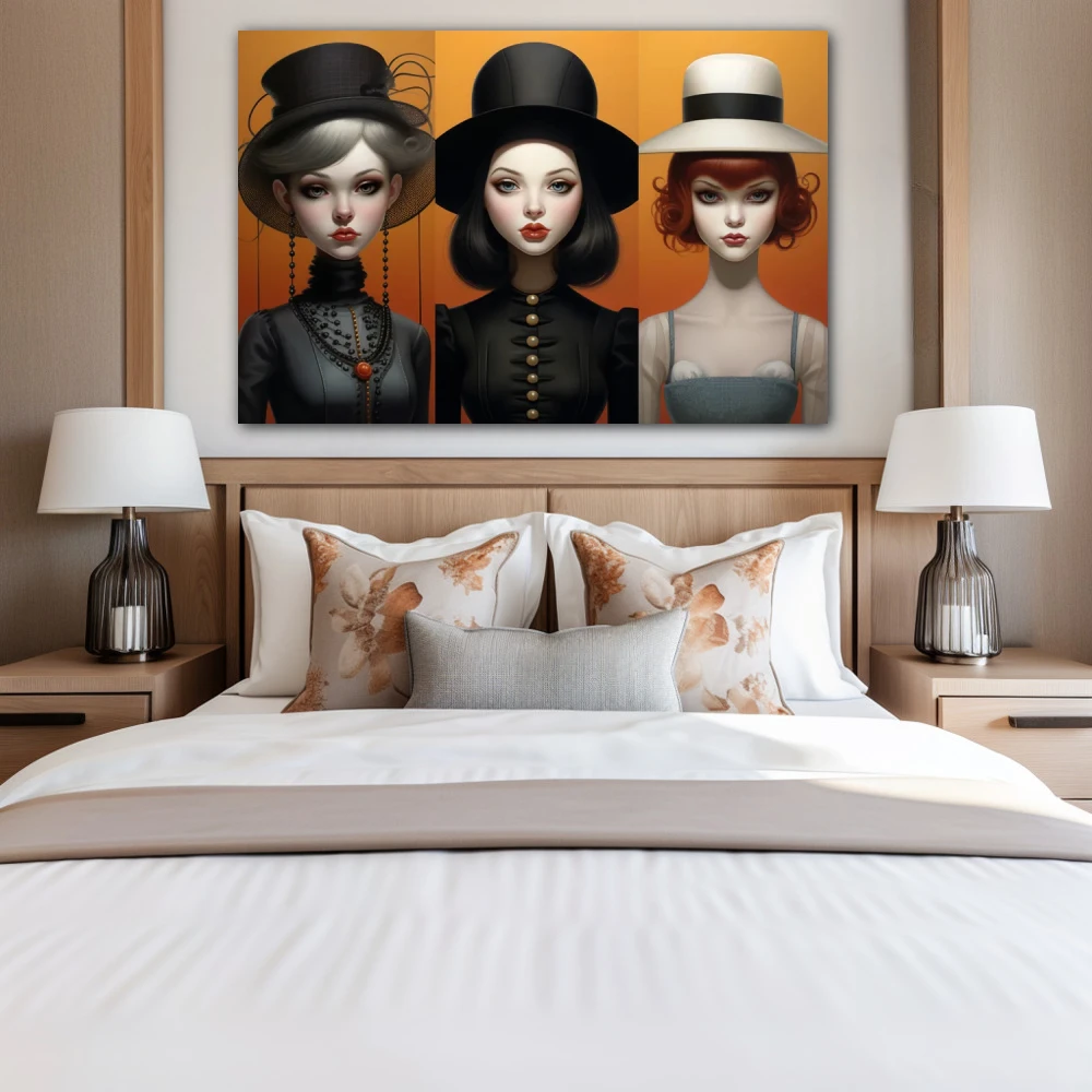Cuadro sombreros de identidad en formato horizontal con colores gris, negro; decorando pared de habitación dormitorio